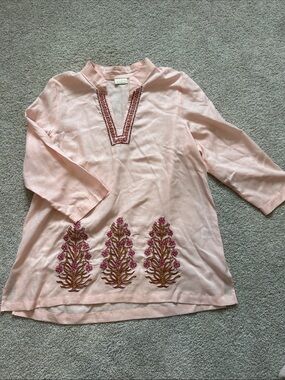 Spartina 449 Pink Embroidered Cotton and Linen V-Neck Tunic SZ Medium EUC